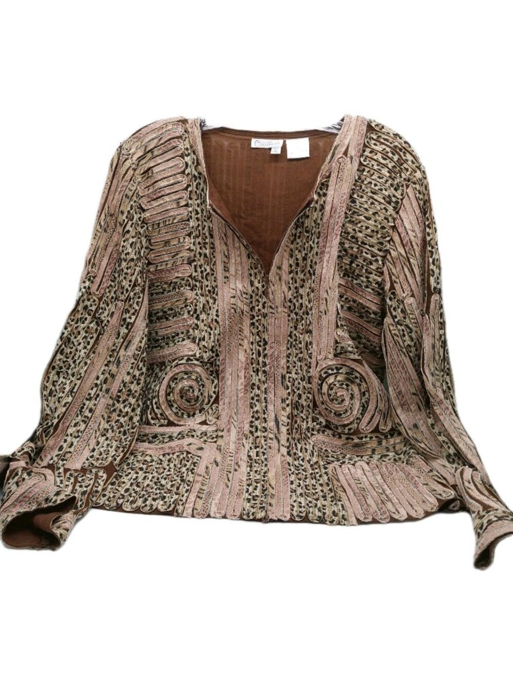 Obstinee Women's Full Zip Ribbon Geometric Leopard Pattern Jacket Size 10 READ
